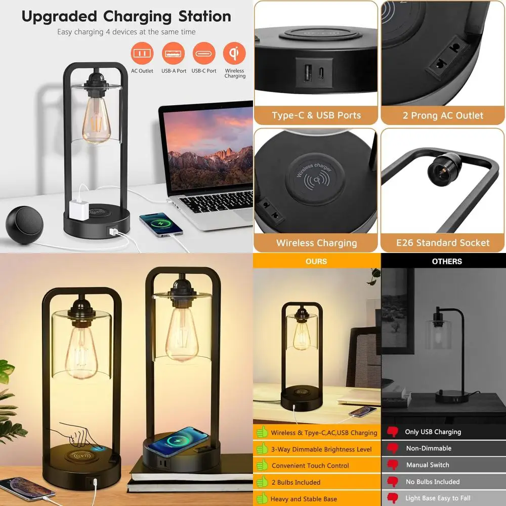 

Набор из 2-х настольных ламп с беспроводной зарядкой и регулируемой яркостью, USB-портами и розеткой переменного тока, сенсорным управлением, стеклянным абажуром для спальни и офиса