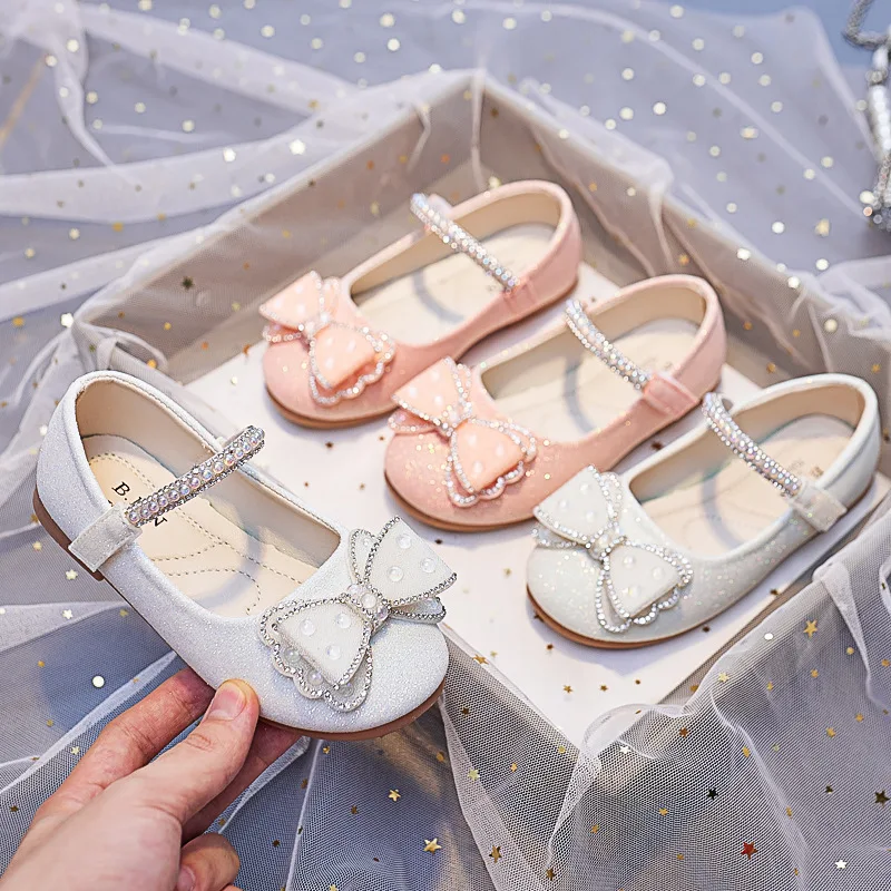 Children Mary Janes for Party Wedding Shows Girls Flats Shiny Rhinestones Bow Round-toe 2026 Kids Shoes Non-slip  Shoes
