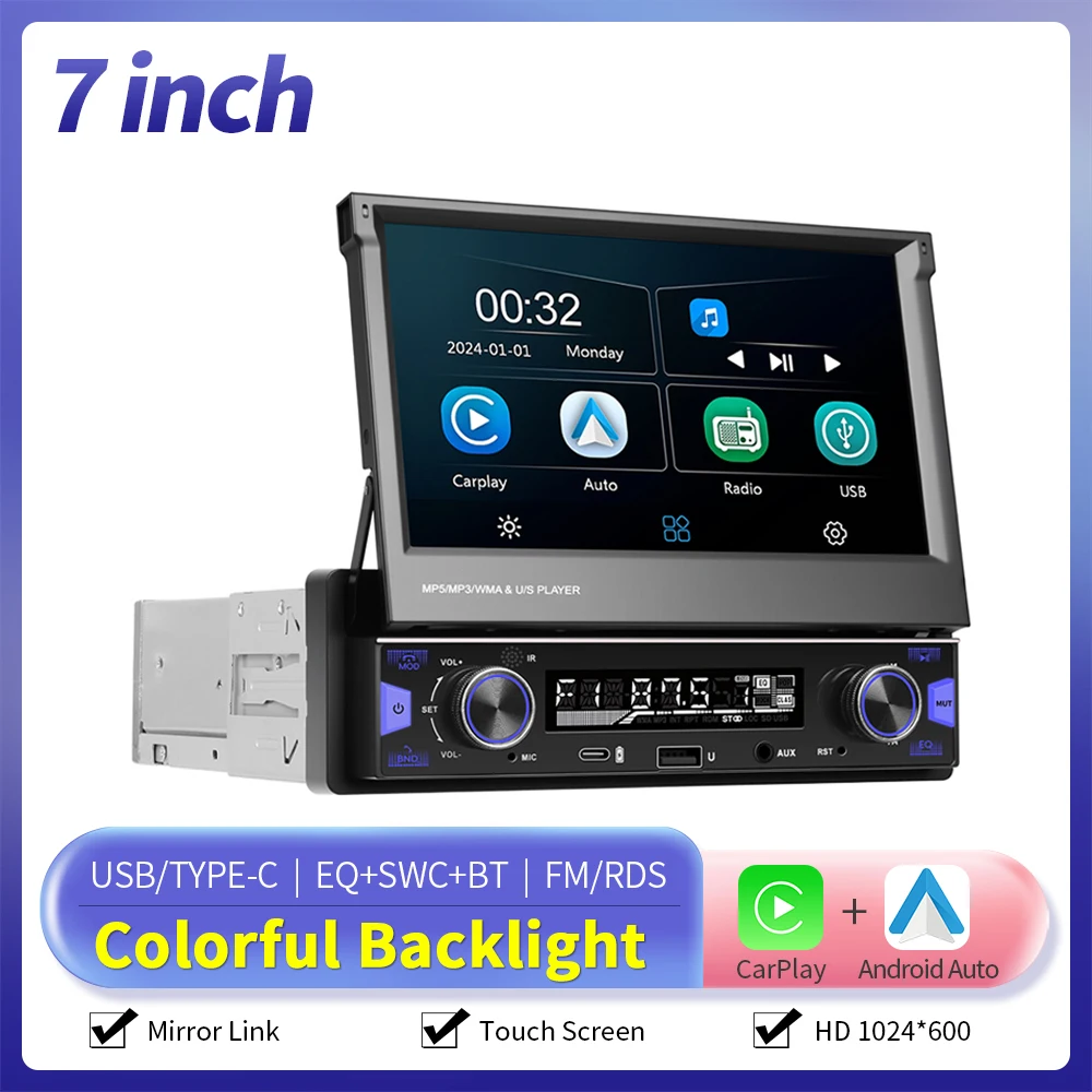 Camecho 7 inch Intrekbaar Scherm 1 Din Autoradio Radio Draadloze Carplay Android Auto MP5 Multimedia Speler Bluetooth Mirrorlink