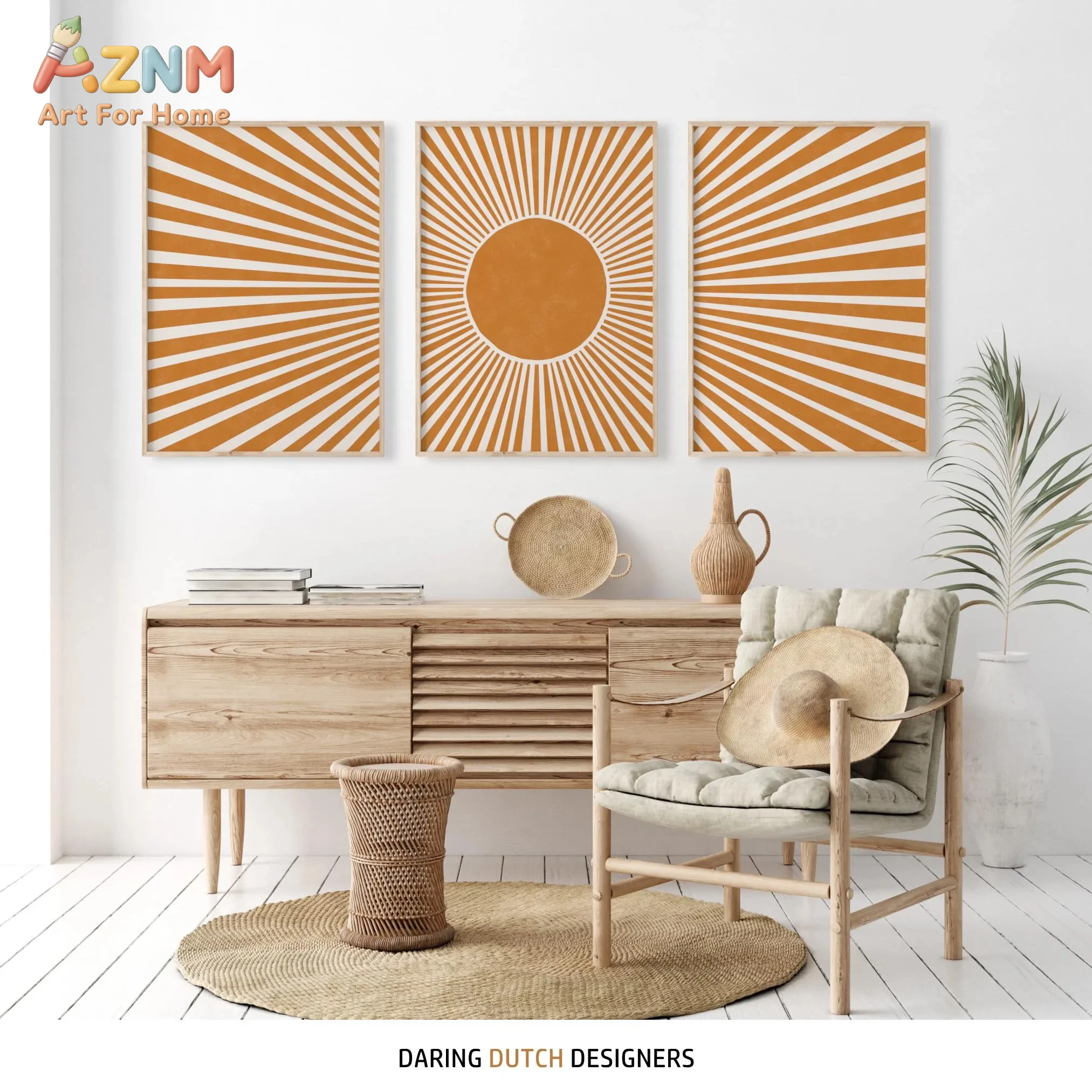 3PCS Boho Sunburst Canvas Wall Art Set Orange White Abstract Sun Prints for Living Room Bedroom Decor Unframed