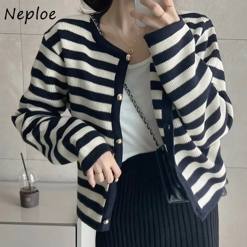 

Neploe Korean Chic Casual Striped Sweater Coats Femme 2024 Autumn Gentle Single Breasted Long Sleeve Loose Knitted Cardigan