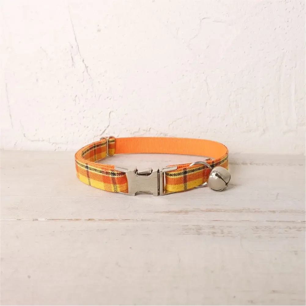 Personalized Cat Collar with Free Engraving, Matching Pet Leash,Customzied Contacts Metal Buckle, Cheese Plaid Pet Collar