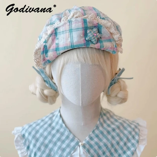 Originele Handgemaakte Kleine Apple Snoep Geborduurde Geruite Baret Nieuwe Vrouwen Lolita Caps Hoeden Meisjes Cos Baretten