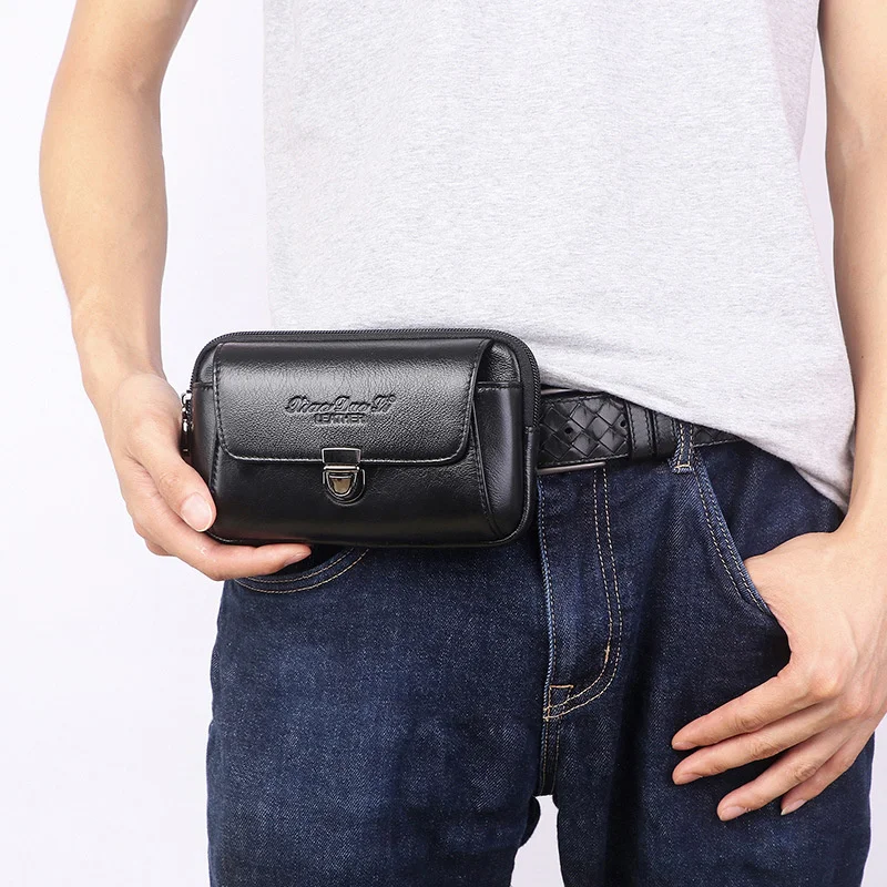 Men's leather waist bag multi-function 5.5 inch 6 inch mobile phone waist bag belt cowhide mini bag ID bag