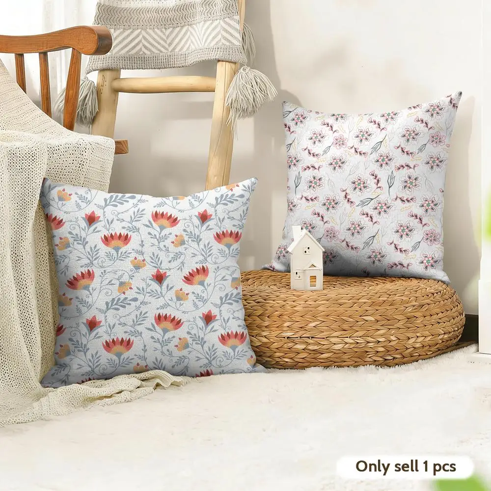 Beautiful Floral Ins Retro Cushion Cover Natural Linen Organic Fabric Double-Sided Printing Room Sofa Decor Pillow Case
