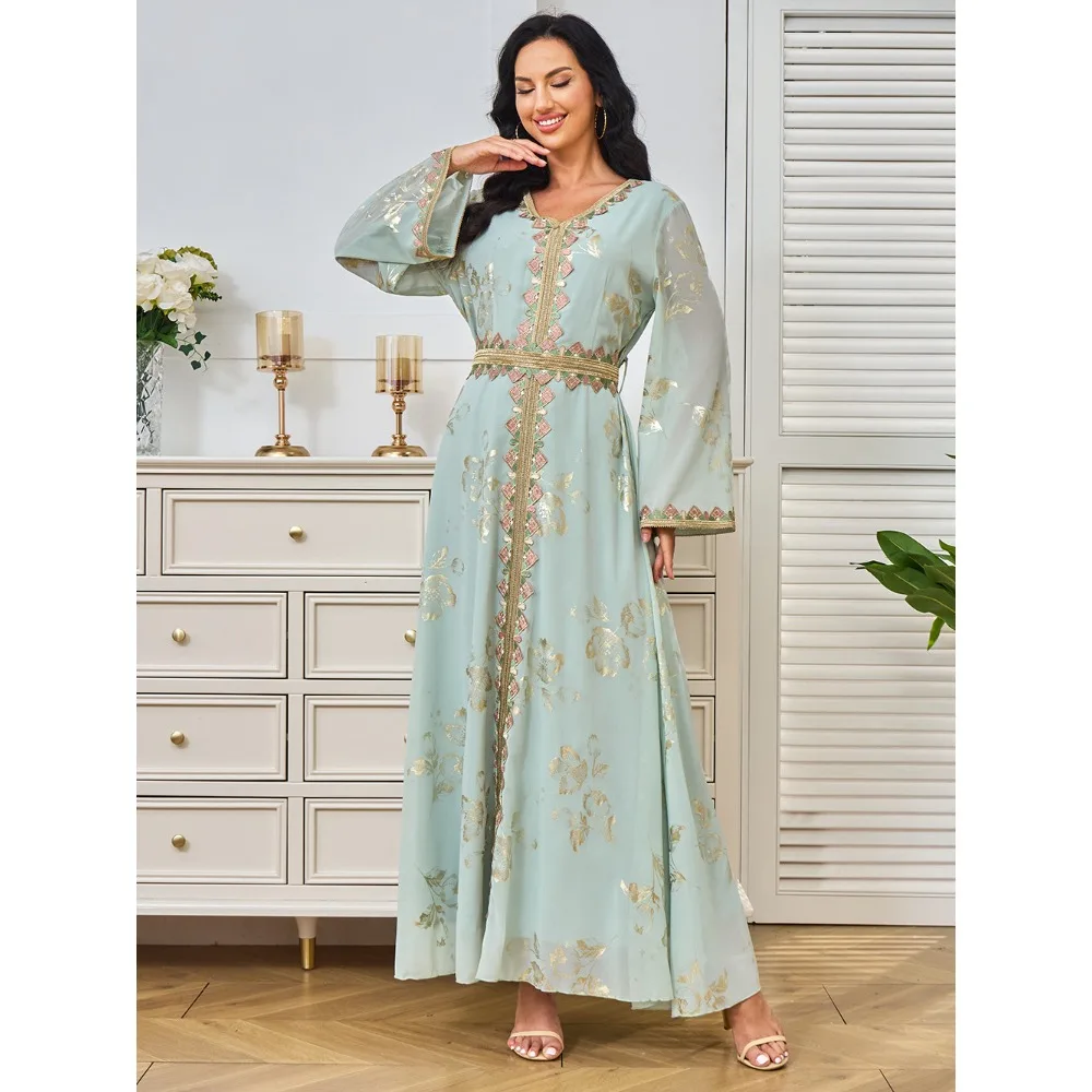 Abito da festa musulmano per donna Abito in pizzo con cintura ricamata con stampa oro Ramadan Dubai Elegante matrimonio Abaya Moda abbigliamento islamico