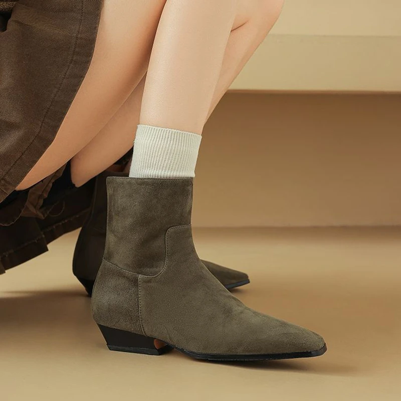 

NEW Autumn/Winter Women Boots Square Toe Low Heel Shoes Sheep Suede Leather Shoes for Women Zip Ankle Boots Concise Modern Boots