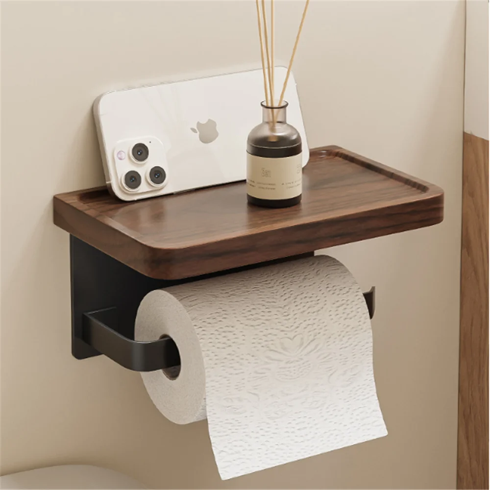 Walnut Aluminum Bathroom Paper Holder with Shelf Bathroom Paperroll Holder Wall Mount Tissue Rack Toilet Paper Holder Tissue Box