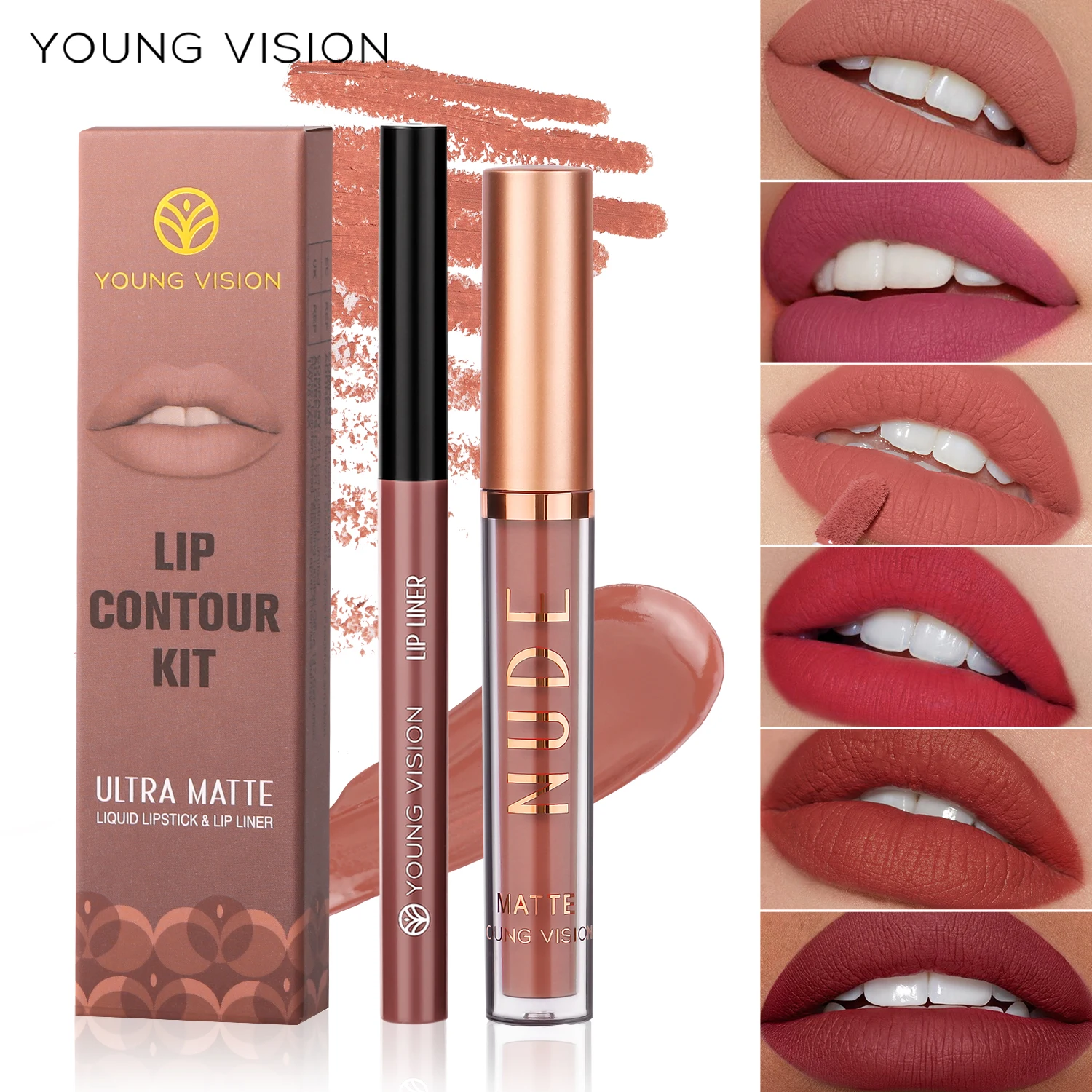 YOUNG VISION 2-color matte long-lasting color lip liner set waterproof anti-sweat non-stick cup lip gloss rotatable lip liner