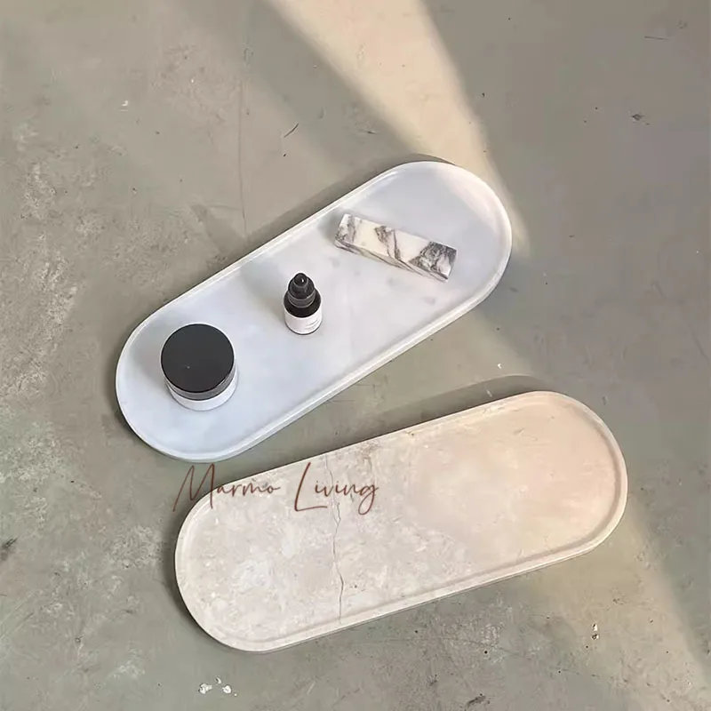 

French quiet style natural marble tray designer model room storage ornaments desktop aromatherapy tray