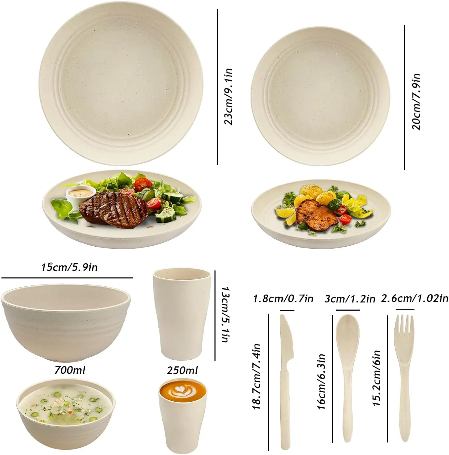 56 قطعة أطقم أواني طعام من قش القمح البيج أطباق وأطباق غير قابلة للكسر قابلة لإعادة الاستخدام أطقم أطباق للتخييم أطباق عشاء للسفر طبق