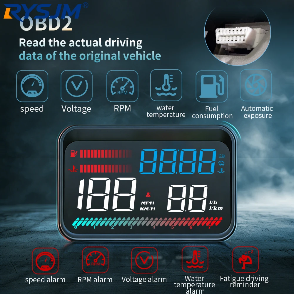 M26 OBD2 Car HUD Head Up Display Digital Speedometer Voltmeter RPM Fuel Consumption Water Temp Gauge With Alarm Car Electronics