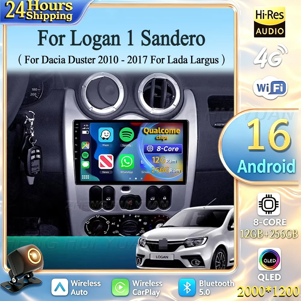 Android 16 car carplay auto For Renault Logan 1 Sandero 2009 - 2015 For Dacia Duster 2010 - 2017 For Lada Largus 2012 - 2021