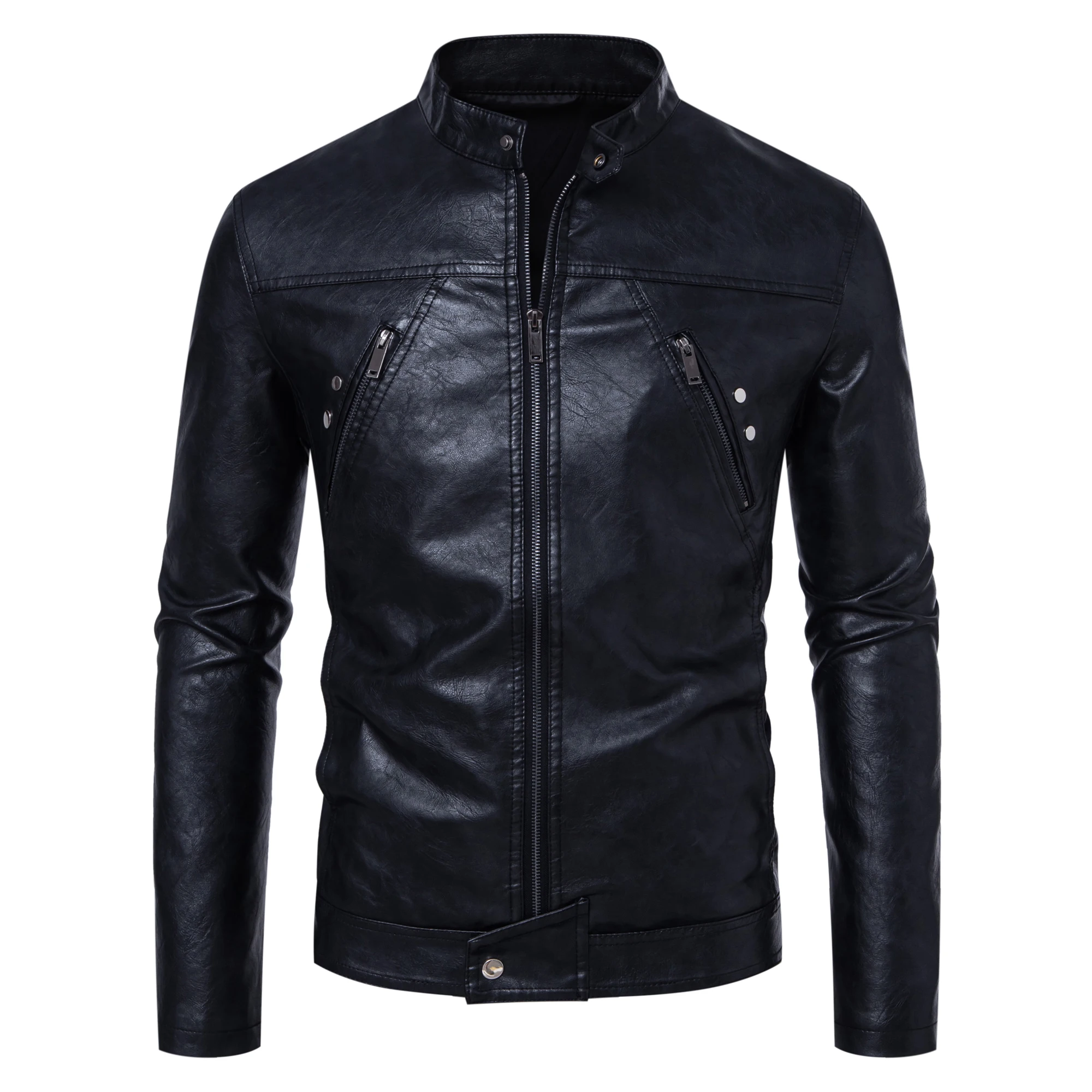 

Men Stand Collar Motor Slim Multi Pockets Jackets Male Vintage Classic Leather Jacket Men's Jacket Solid Colors Leather Jackets