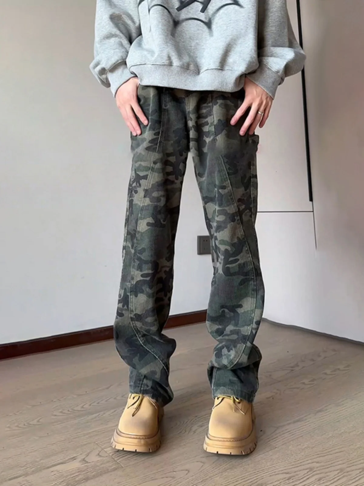 

Retro American Military Green Camouflage Pants Men's Autumn Winter Boots Matching Logging Workwear Trousers Straight L...