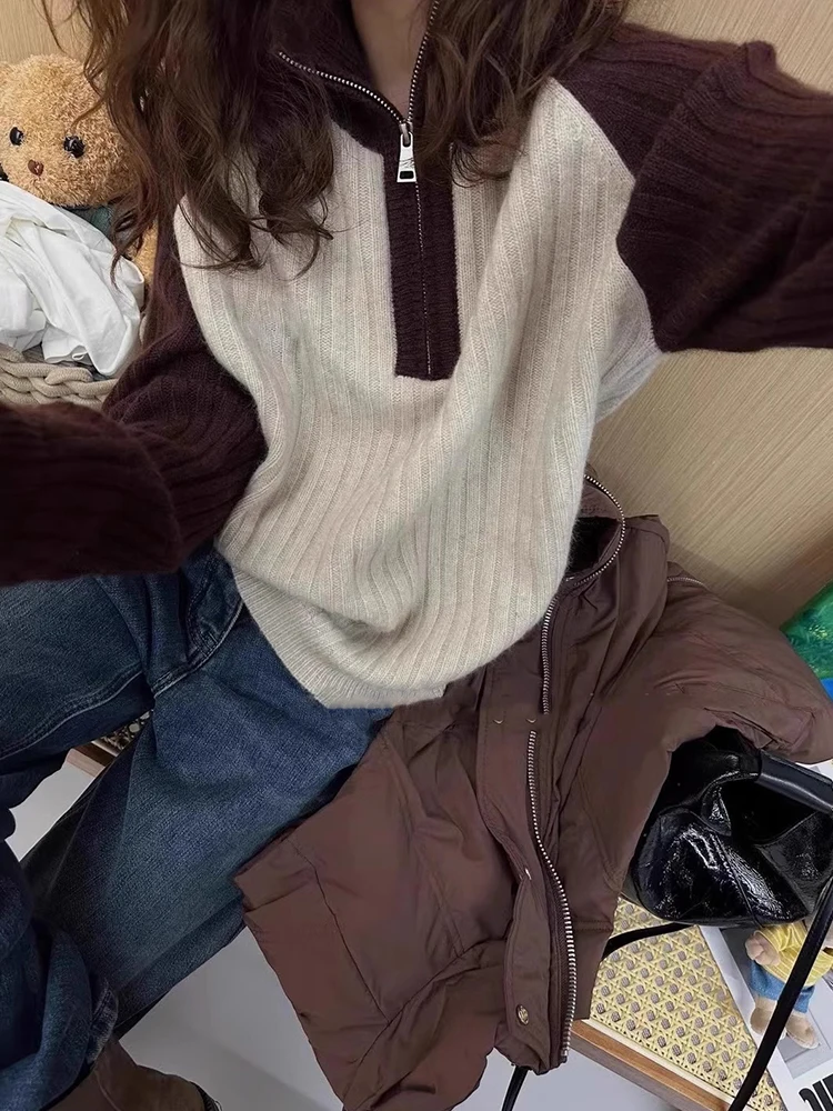 Suéter de punto de lana coreano Sle Color Blo oulder Sve diseño de otoño f Zip adelgazante Camere prendas de punto antienvejecimiento