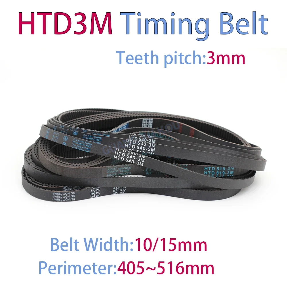HTD 3M Closed Loop Synchronous Rubber Timing Belt Length 405/408/411/414/417/420/423/426/429/432/435/438/441~516mm Width 10/15mm