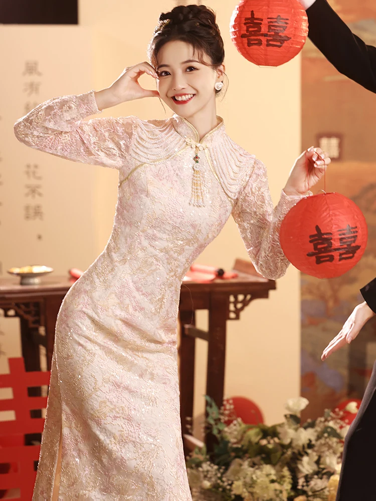 

Ele Pink Embroidered Wedding Dr for Bride Retro Sle Long Sve Bodycon Gown for Wedding Reception