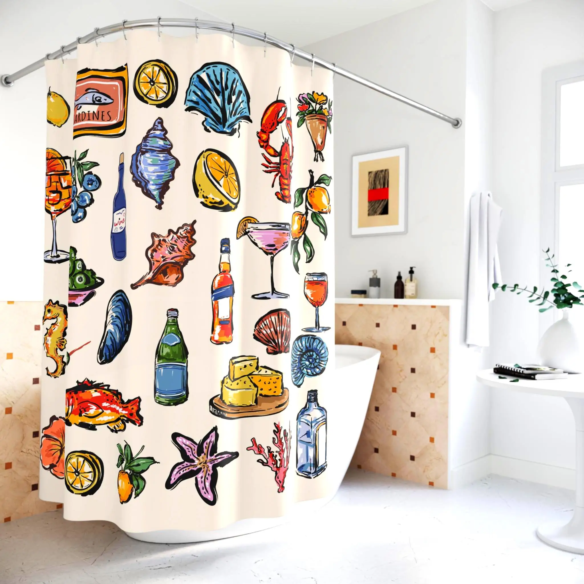 Fun Tropical Beach Seafood Drinks Shower Curtain Nautical Coastal Bathroom Decor Vibrant Ocean Life Print