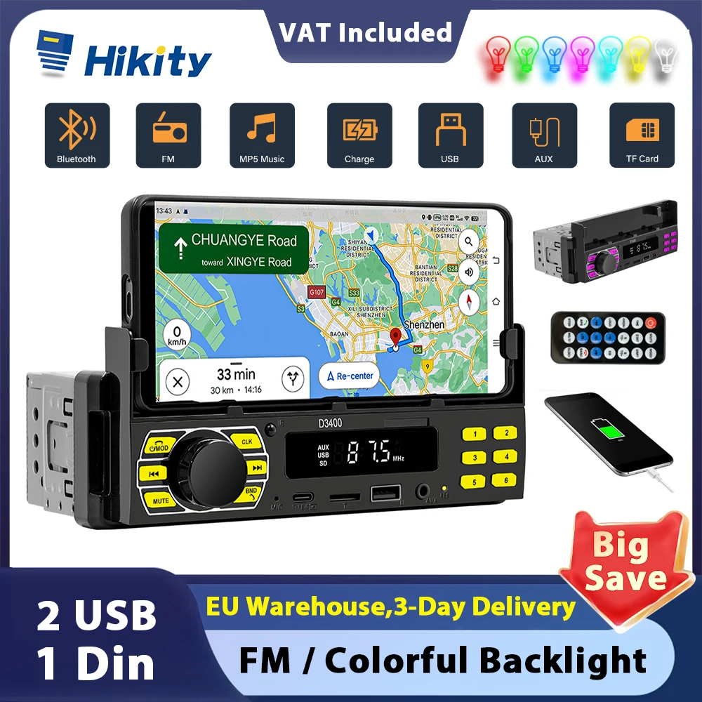 Hikity 1DIN In-Dash Car Radio MP3 Player Digital Bluetooth Audio Music Stereo USB/SD/AUX-IN with mobile phone holder