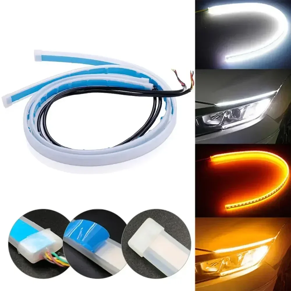 Universal DRL Light Motorcycle LED Daytime Running Light Scan Waterproof Headlight Strip Sequential Flow Yellow Turn Signal 12V