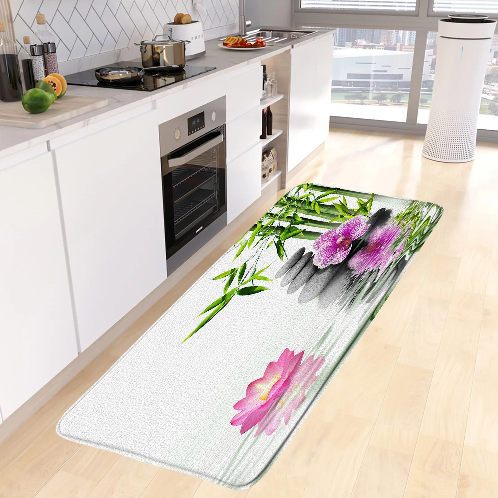 Zen Green Bamboo Bath Mat Pink Orchid Black Stone Swan Spa Scenery Kitchen Rug Entrance Doormat Home Bathroom Decor Floor Carpet