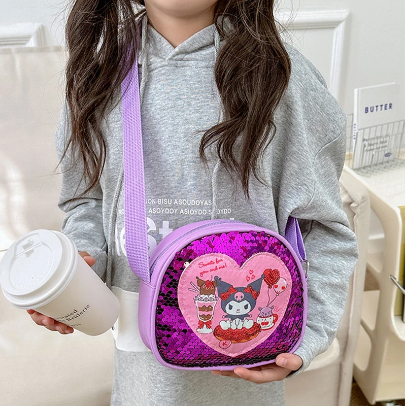 Sanrio Bag Children's Kuromi Crossbody Bag Sequin Pu Square Bag Girl Storage Handbag Stylish Versatile Adorable Gift for Kids