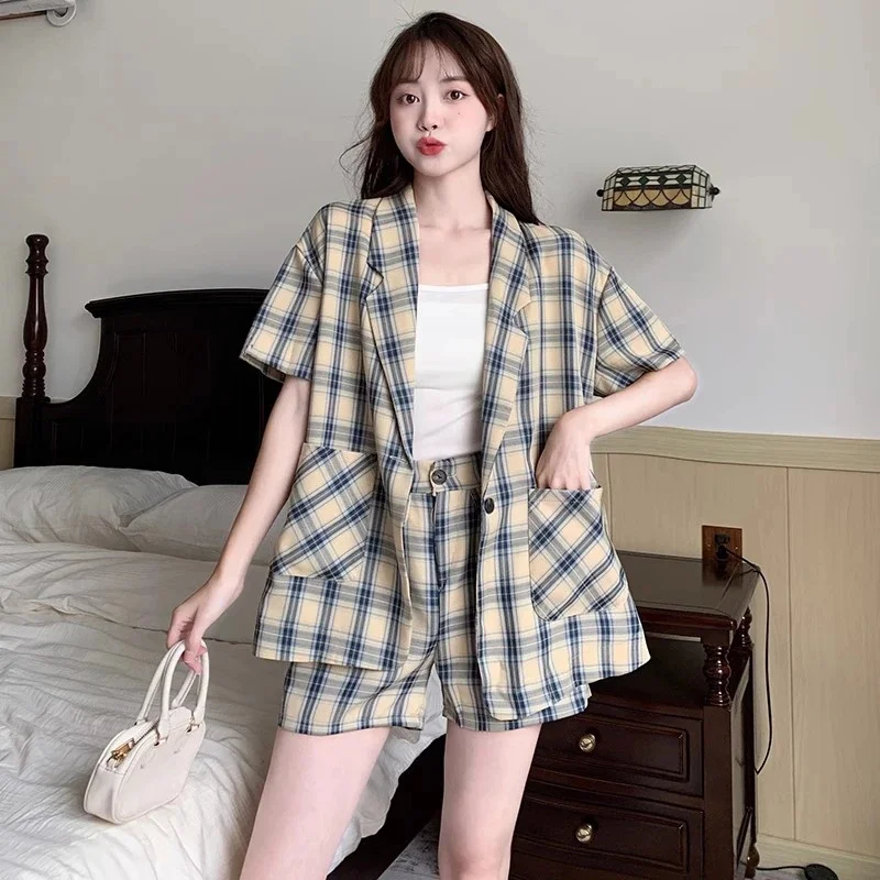 

2025 NEW Women Sets Summer Thin Suit Coat +shorts Two-piece Set Korean Style Checkered Loose Jacket Fashionable Casual Suit