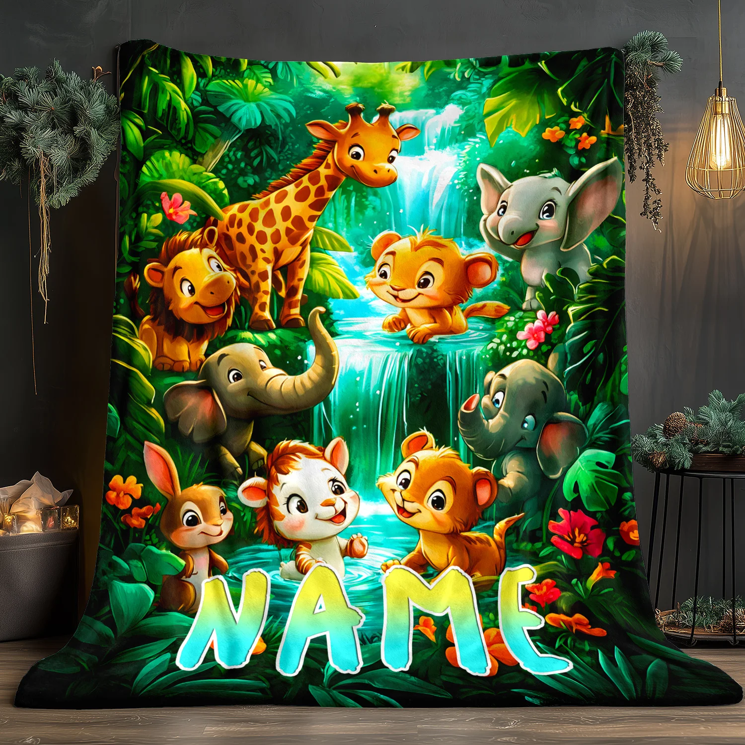 Personalized Jungle Animals Blanket Cute Cartoon Lion Elephant Giraffe Monkey Rabbit Waterfall Scene Custom Name Soft Fleece