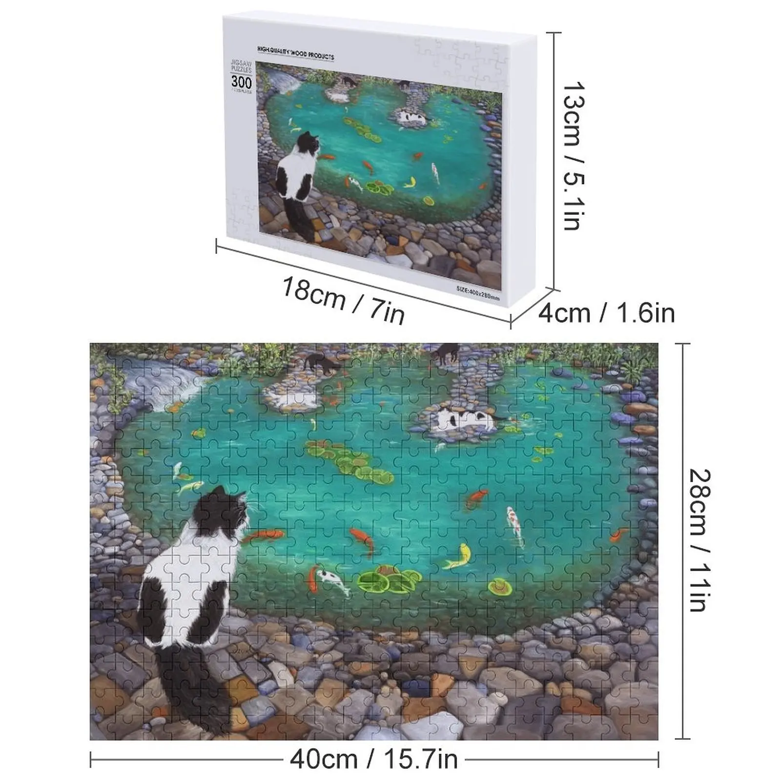 Kot smokingowy obserwujący rodzinę przy stawie z karpiami koi. Puzzle z imieniem dziecka, personalizowane, zabawka dla dziecka, puzzle z własnym imieniem.