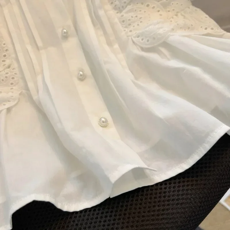 Women's Flying Sleeve Blouse White Shirts Vintage Sleeveless Ruffled Lace Tops Elegant Casual Sweet Clothes Summer Vest 2025