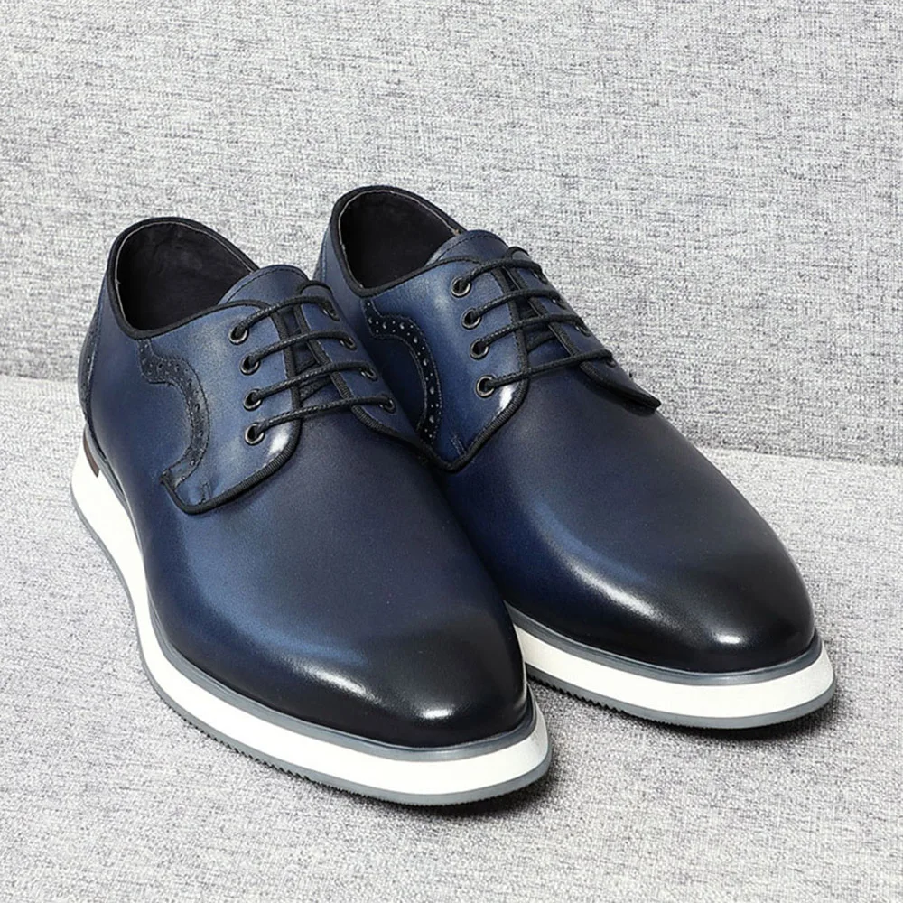 EUR Size 38 To 46 Elegant Casual Business Male Sneakers Real Cowhibe Leather Brands 2023 Autumn New Flats Derby Shoes Blue Black