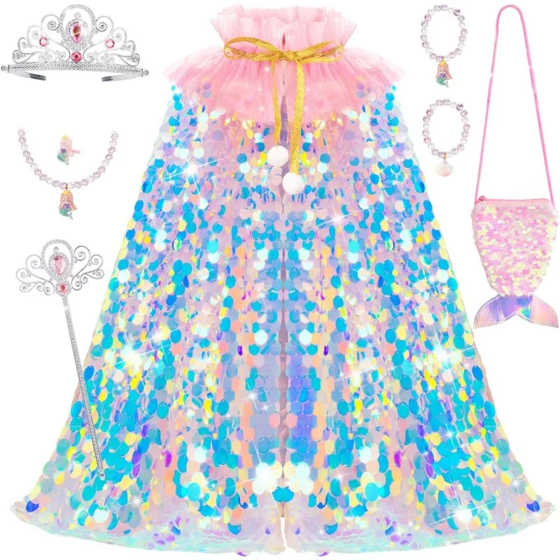 

Princess Dress Up for Girl Cosplay Costume Mermaid Cape with Crown Necklace Clothes Halloween Carnival Birthday Party Kid Gift