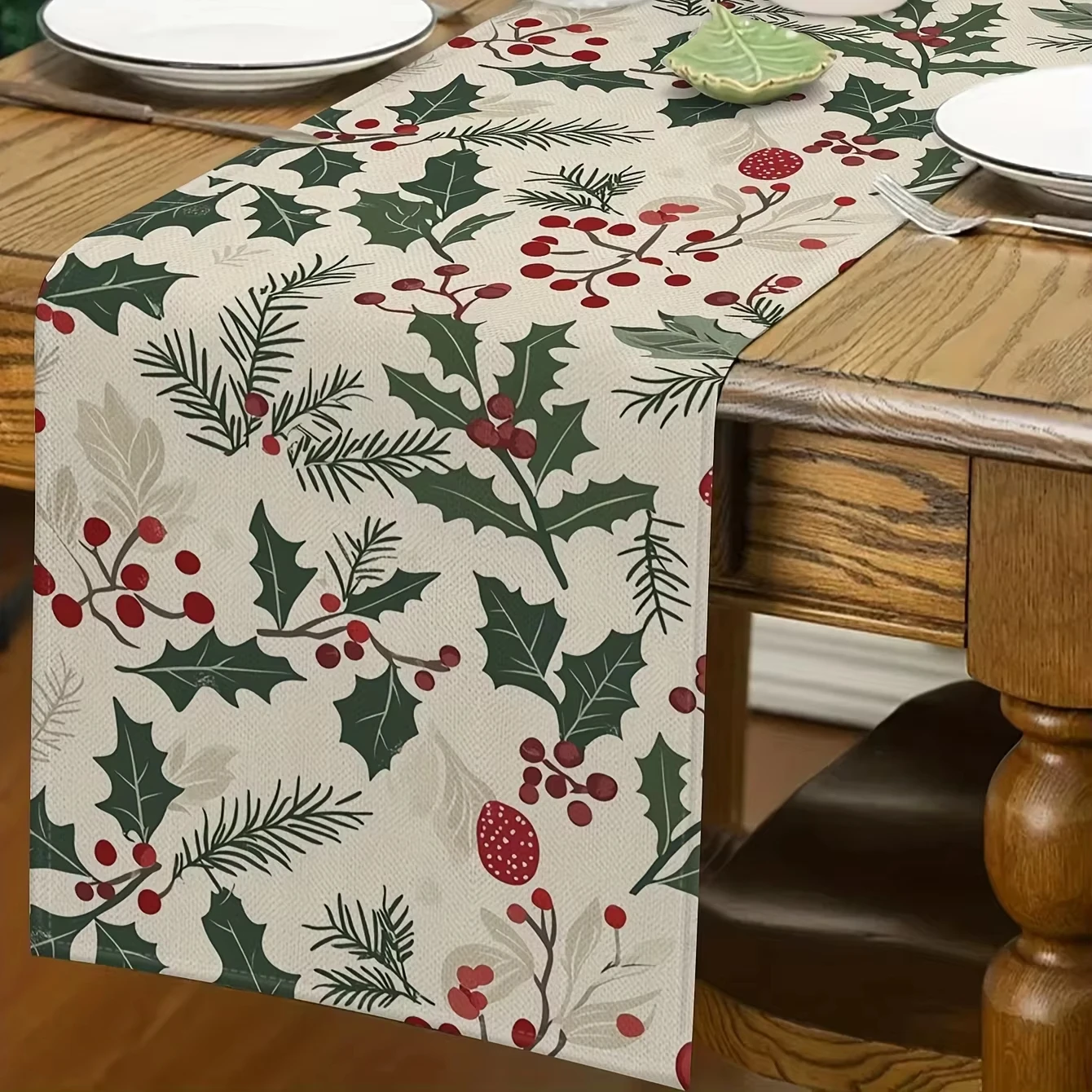 Böhmischer Weihnachts-Tischläufer – Stechpalme, rote Beeren und grünes Laub |   Rechteckige Küche, Esszimmer, Feiertag, Party-Dekoration