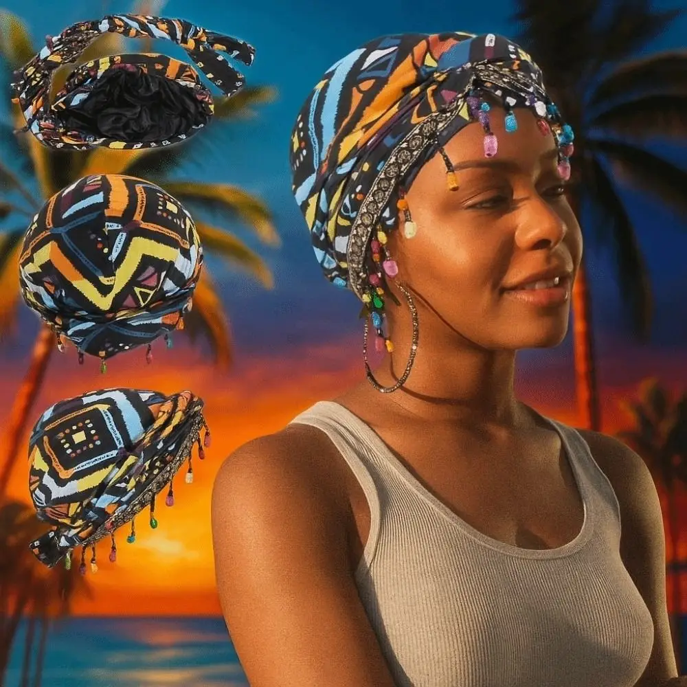 

Elastic Colorful Beaded Headscarf Breathable Ethnic Style Printed Tail Turban Streetwear Solid Color Pre-tie Head Wraps Couple