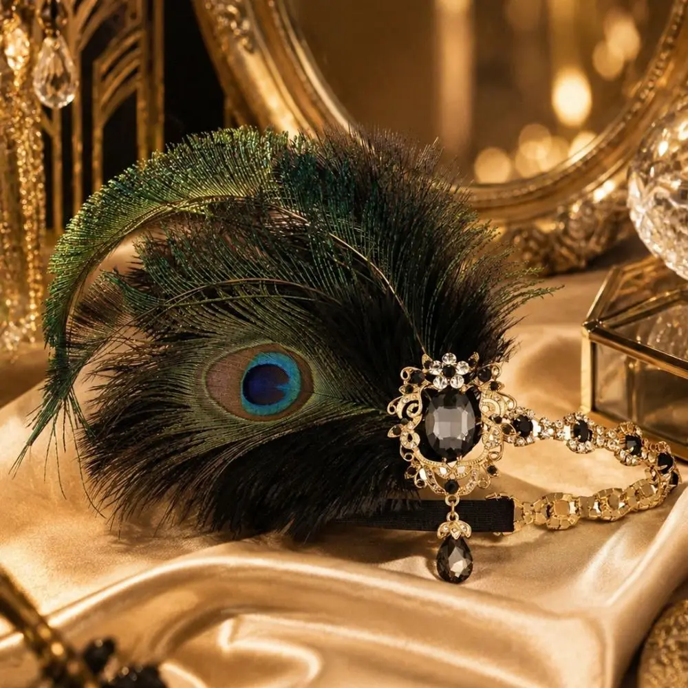 Vintage Gatsby Style Feather Headband Fascinator Zircon Masquerade Hair Band Crystal Rhinestone 1920s Hair Accessories Women