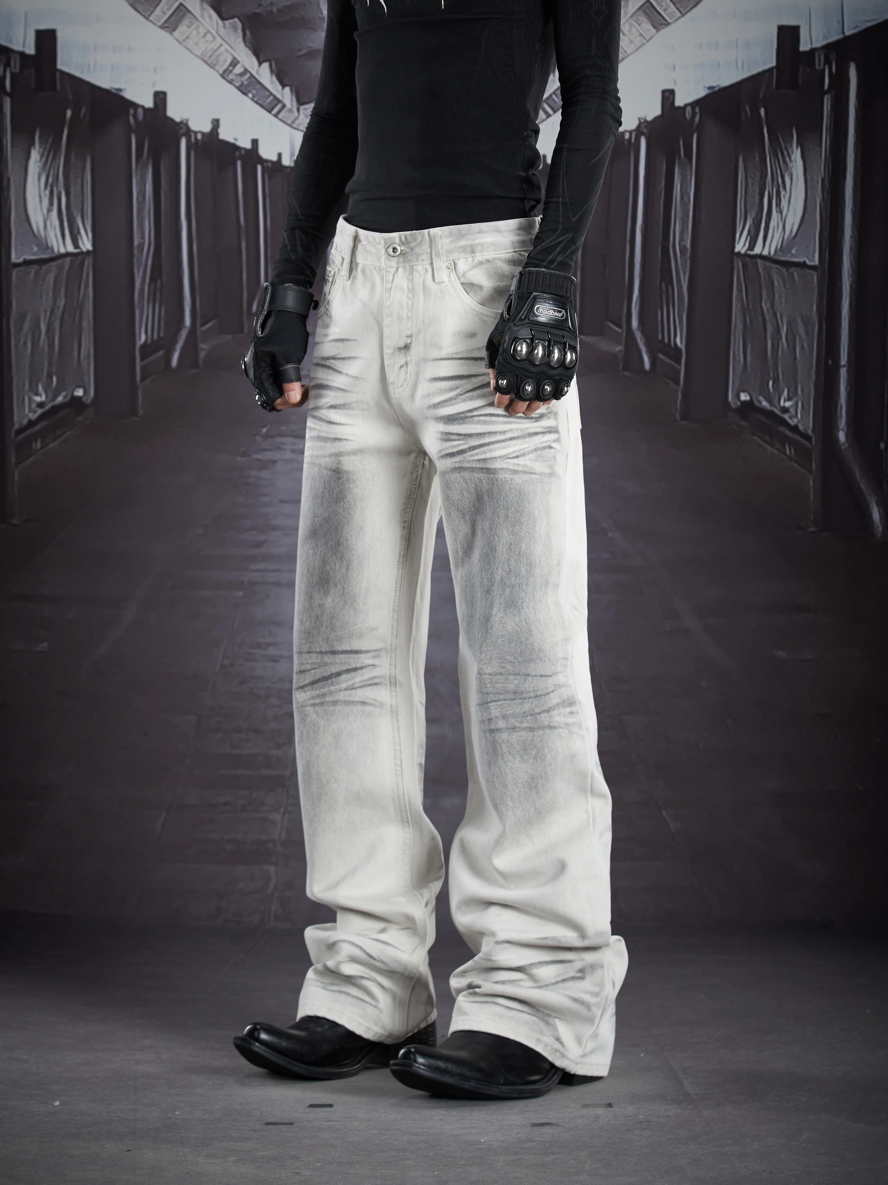 

Special-Interest Design New Dirty Dyed Hand Painted Honeycomb Cat Beard White Jeans American Street Casual Trousers Pure Cotton