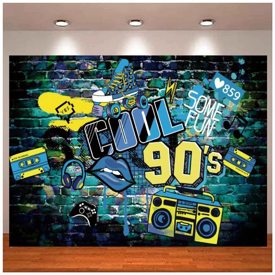 

Vintage 90's Disco Party Photo Background Radio Skates Brick Wall Photography Backdrop Poster Friend Birthday Portrait Photocall