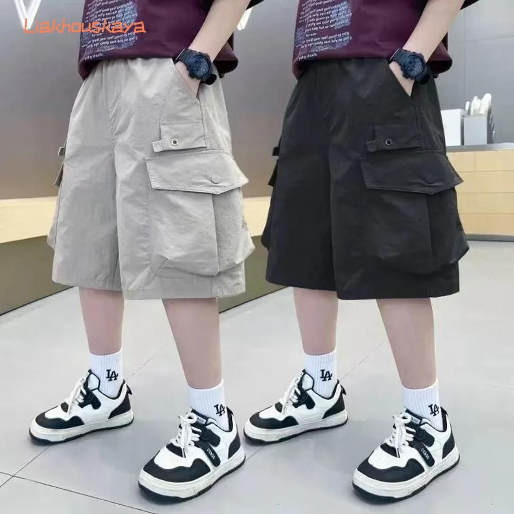 Boys Cotton Cargo Shorts 2026 New Summer Fashion Trendy 5 Inch Knee Length Pants Loose Multi Pocket Casual Shorts Teenage Kids