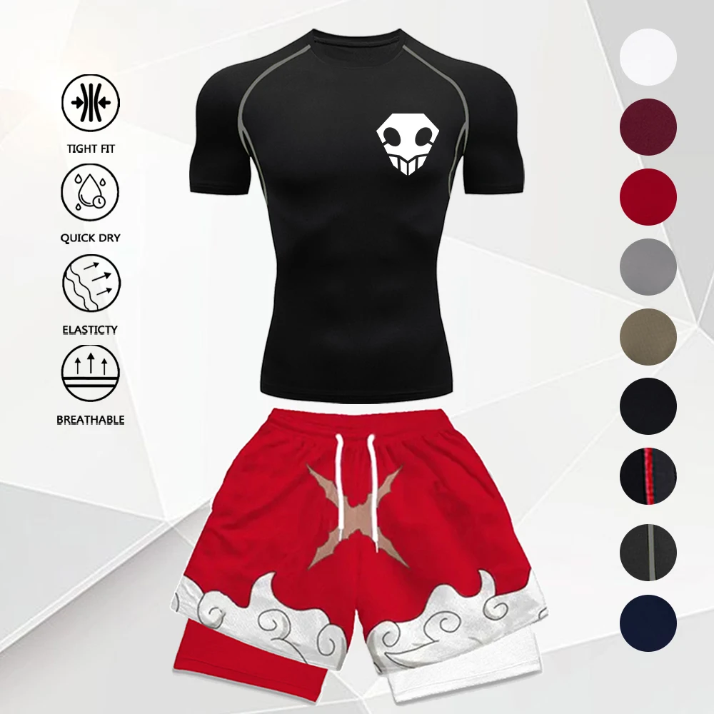 

Men's 2Pcs Anime Gym Outfit Compression Tee Skull Print + Cloud Print Double Layer Shorts Set Quick Dry Fitness Sportswear