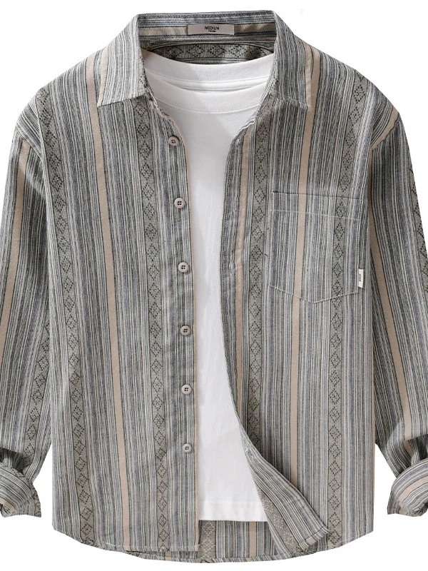 

Мужские ретро-японские сле Long Sve irt в вертикальную полоску, свободный крой, модный городской хлопок, полиэстер, весна