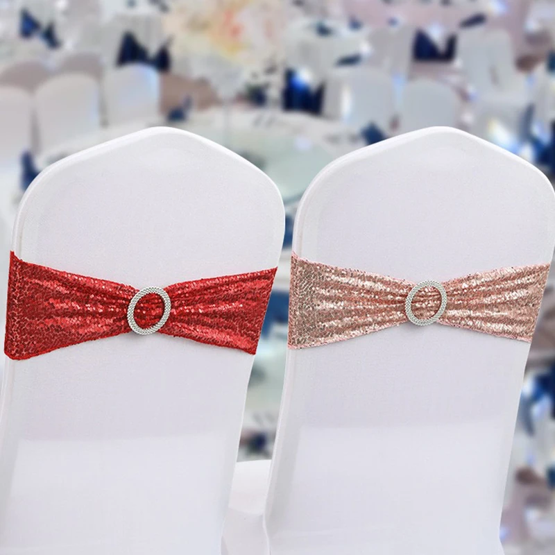 Gold Sequin Chair Sashes, Double Sided Glitter Stretchy Chair Bands with Buckle for Bridal Shower Party Wedding Banquet Decor