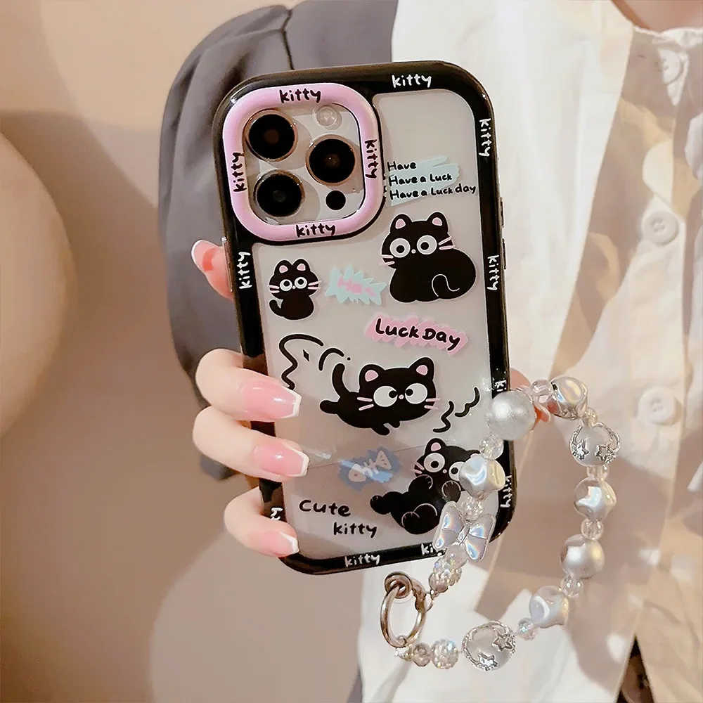 Funny Black Cat kitten Silver cartoon Bracelet Phone Case For iPhone 16 15 14 13 12 11 Pro Max Xr 15 14 16 Plus Case Cute Cover