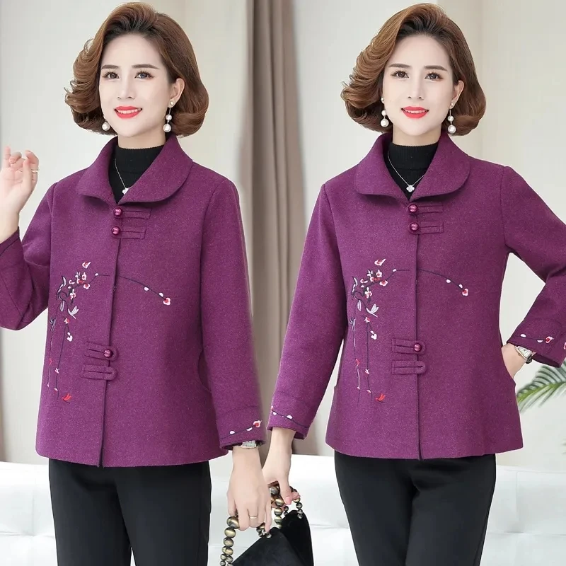 NEW Mother Coat Spring Fall 5XL Large Size Short Wool Blend Jacket Middle-Aged Elderly Women Elegant Embroidered Woolen Outwear