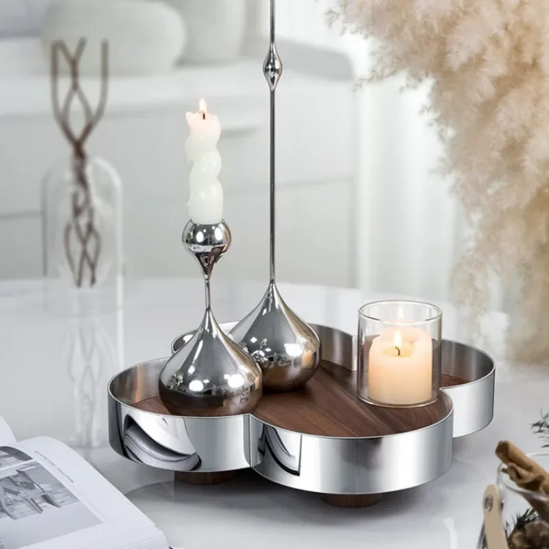 Nordic Luxury 4-Leaf Clover Metal Wood Tray, Modern Decorative Storage Organizer, Elegant Fruit Plate  Living Room Housewarming