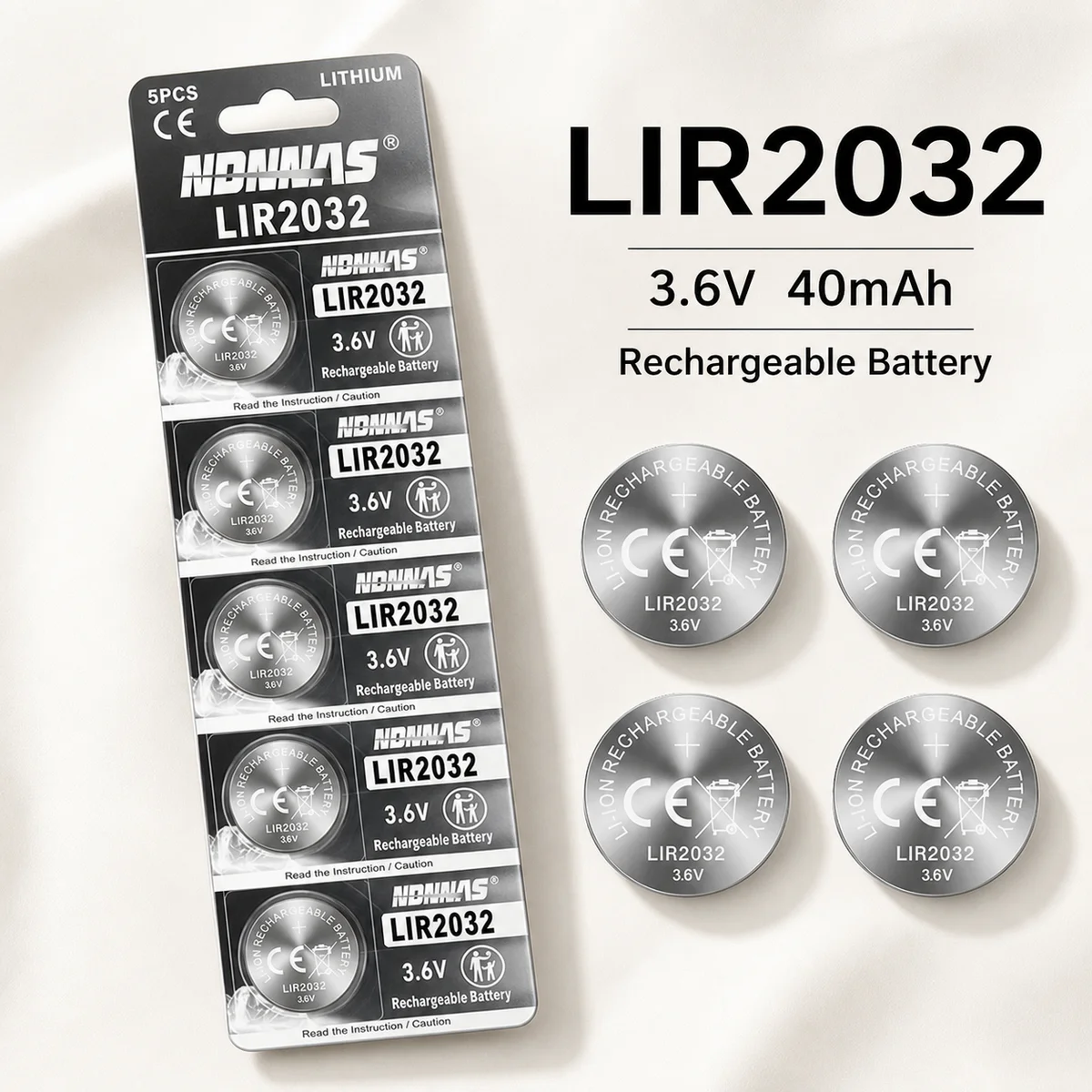 Rechargeable Coin Cell Battery LIR2032 3.6V 40mAh Lithium Ion 2032 Button Cell, Charger Ready Replacement Stable Power Battery