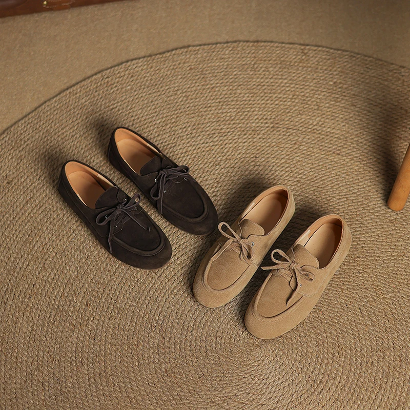 

Лаконичные женские и мужские туфли ручной работы из коровьей замши, мягкие повседневные туфли большого размера на плоской подошве со шнуровкой и круглым носком, туфли из натуральной кожи