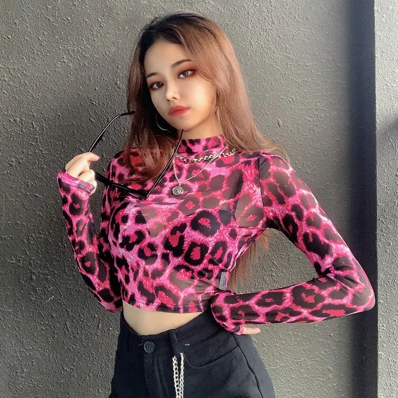 

Sexy Pink Leopard Print See Through T-shirt Women New Slim Half Turtleneck Long Sleeve Mesh Cropped Tops Streetwear