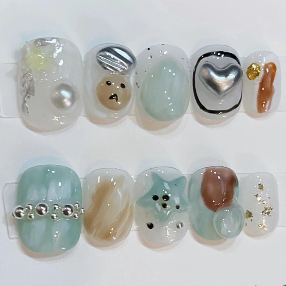 Bonito artesanal curto quadrado redondo unhas falsas olhos de gato lantejoulas coloridas flores pérola strass unhas reutilizáveis festa adesivo