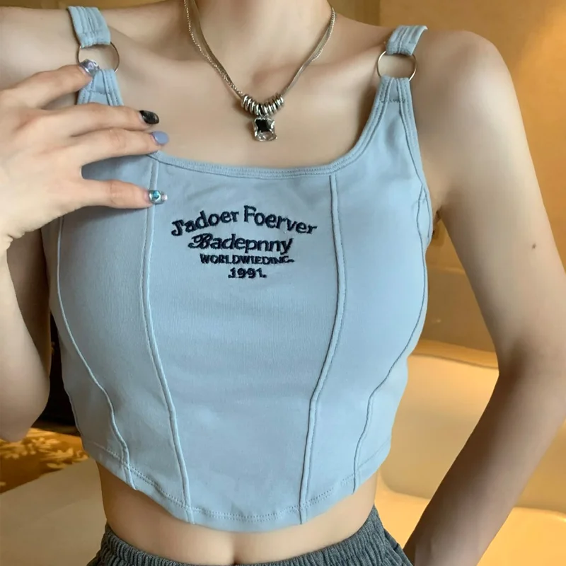 Кроп-топ ITOOLIN Y2K Женский, майка с вышивкой и надписью, с бюстгальтером-подушечкой, повседневная майка для женщин, с поясом на плечо, майка с железными кольцами